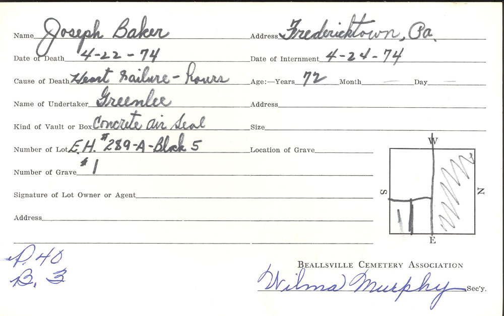 Joseph Baker burial card